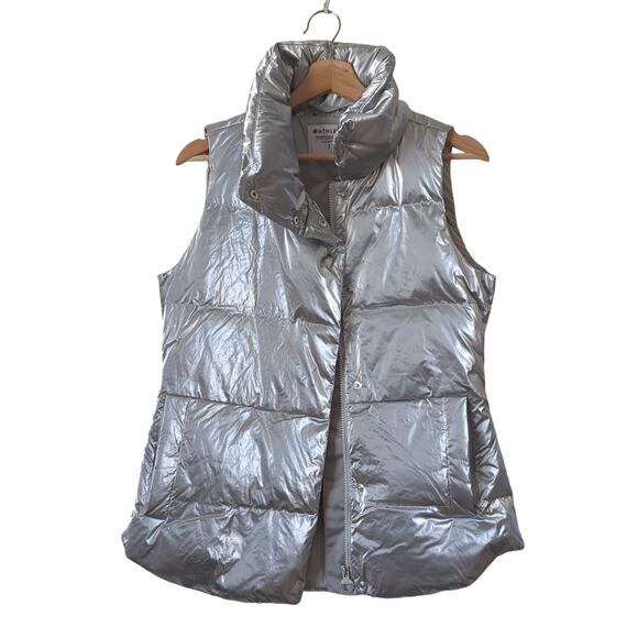 Athleta Puffer Vest Womens Silver Metallic Shiny Small Goose Down Puffy - Picture 1 of 12